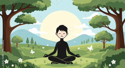 A person meditating peacefully in a lush green landscape with butterflies and a large sun.