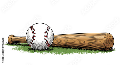 Illustration of a baseball and wooden bat resting on green grass against a white background.