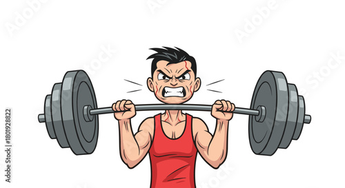 Cartoon man with muscular arms straining to lift a heavy barbell during a weightlifting workout.
