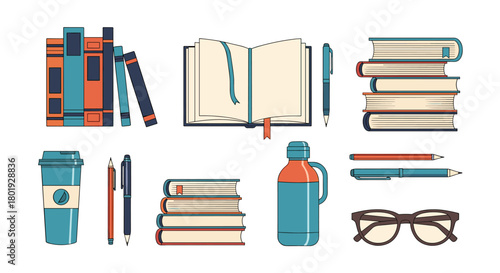 Collection of school and office supplies including books, pens, coffee cup, glasses, and thermos.