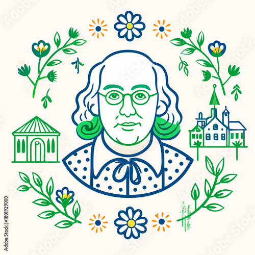 Celebrate history with this cheerful portrait of Benjamin Franklin, perfect for educational materials, historical projects, and patriotic designs with folk art