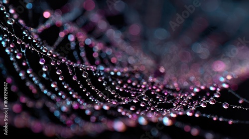 Close-up of a spiderweb covered in vibrant water droplets creating a beautiful network in front of a dark background