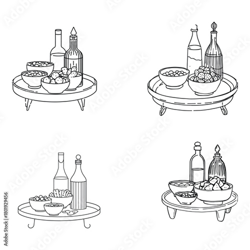 Modern Monochrome Vector Illustration of Antipasto Serving Tray Oil Vinegar Dispensers Olives Cheese Cubes and Crispy Crackers