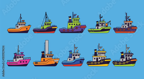Cartoon tugboats vector illustration set marine transport design