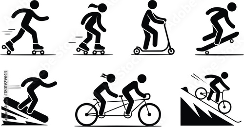 Outdoor Sports and Activities Pictograms Set: Rollerblading, Scooters, Bikes, Skateboards, Snowboards