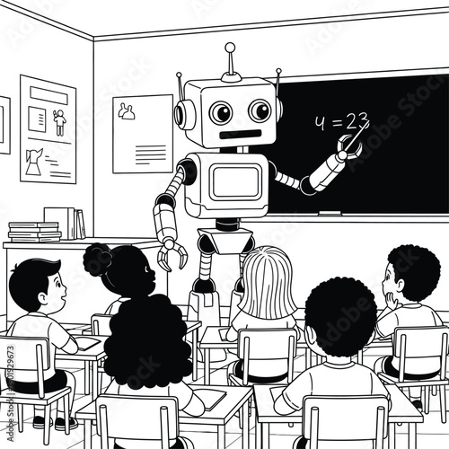 Black and white coloring book illustration of a humanoid robot teacher writing a math equation on the blackboard for young students in a classroom.