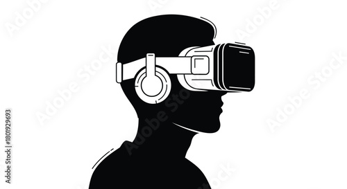 Silhouette of a person wearing a virtual reality headset experiencing immersive digital technology