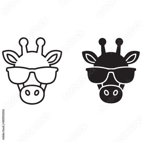 Cartoon Giraffe Head with Sunglasses, Outline and Silhouette