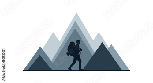Silhouette of a hiker with a backpack walking in front of layered abstract mountain peaks
