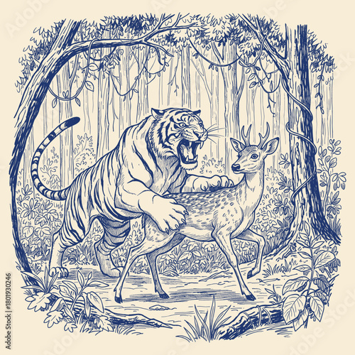 Hand drawn illustration of dramatic moment in the wild forest where a powerful Sumatran tiger fiercely attacks a helpless deer for survival