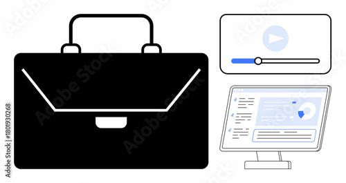 Black briefcase, video player with progress bar, and analytics dashboard on monitor. Ideal for business, online learning, digital tools, productivity, management, modern workplace simple flat