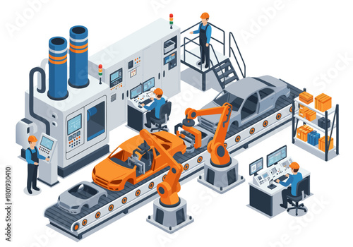 Automotive industry smart factory with robotic arms on a conveyor. Isometric concept of an automated car manufacturing assembly line process