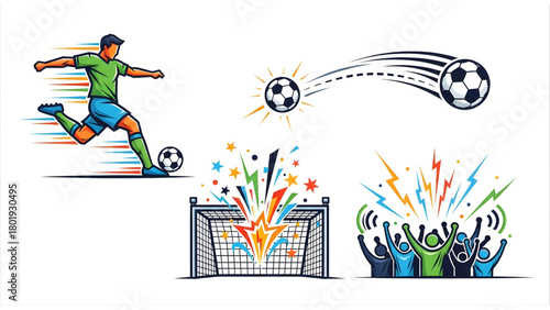 Dynamic set of soccer action illustrations featuring a powerful kick, a speeding ball, an explosive goal, and cheering fans