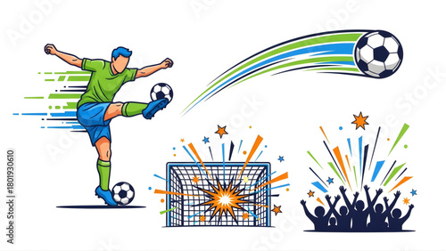 Dynamic illustration capturing the excitement of a soccer match with a player, goal, and cheering crowd