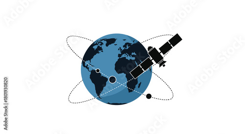 Global satellite communication network orbiting planet earth with digital data streams connecting continents