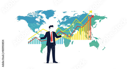 Businessman presenting global financial market growth and economic trends on a world map background