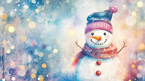 Snowman with holiday lights, watercolor, festive background .