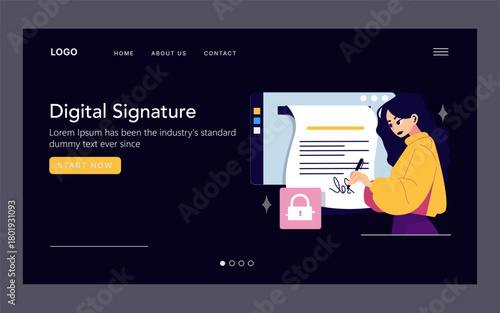 Woman Signing Digital Document in Vector Illustration