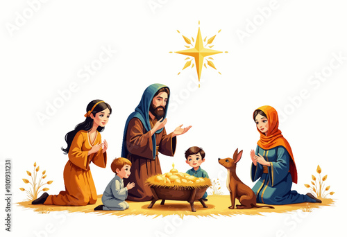 Animated scene depicting a family gathered around a manger in a peaceful setting with a glowing star above, symbolizing a significant religious event