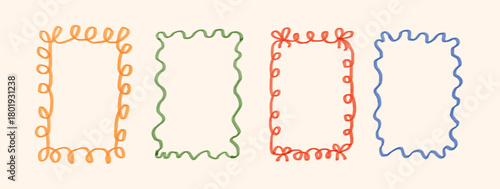 Set of colorful hand-drawn vintage rectangular frames with playful wavy and curly borders. Ideal for decorating cards, notes, invitations, certificates or book covers.