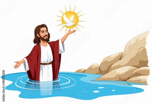 Illustration of a Bearded Man Raising a Hand Toward a Shining Sun with a Dove, Standing Waist-Deep in Blue Water Near Rocky Shore
