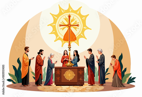 Sacred Ceremony with Participants Gathered Around a Decorative Altar Featuring a Radiant Circular Symbol and Ornate Patterns