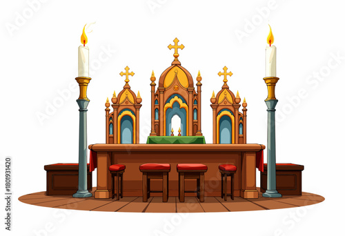 Ornate Sacred Altar with Tall Candles and Red Cushioned Stools in a Gothic-Inspired Setting Featuring Intricate Cross Designs and Rich Wooden Details