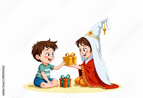 Two children happily exchanging gifts, one in a wizard hat, the other in a striped shirt, seated on a soft carpet with wrapped presents.