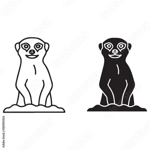 Stylized Meerkat Silhouette and Outline on White Background