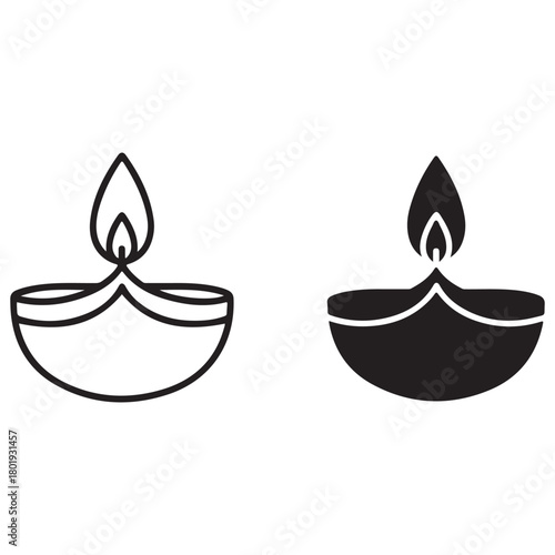 Outline and Solid Silhouette of a Diya Lamp with Flame