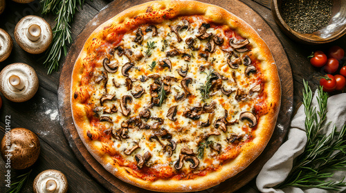 Delicious mushroom pizza with fresh herbs and tomatoes on a wooden table