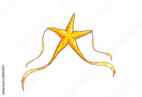 Vibrant Illustration of a Golden Star-shaped Flying Kite With Flowing Tails on a Clear White Background