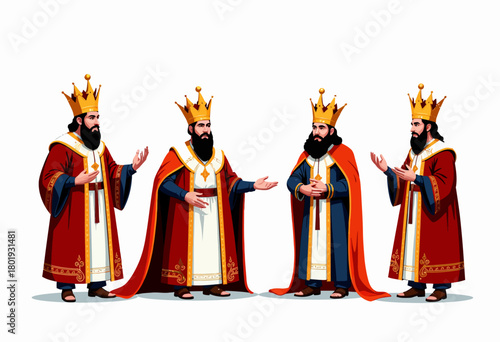 Four Majestic Kings in Regal Robes Wearing Golden Crowns Engaged in Animated Royal Discussion in an Elegant Courtly Setting