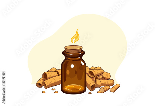 Illustration of a Brown Glass Bottle with Cork Lid Surrounded by Aromatic Cinnamon Sticks Used for Essential Oil Storage on a Subtle Background