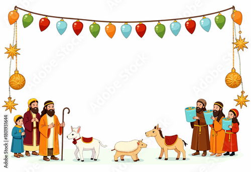 Colorful Nativity Scene with Wise Men, Shepherds, and Animals Under Festive Ornament Arch Celebrating a Joyful Holiday Tradition
