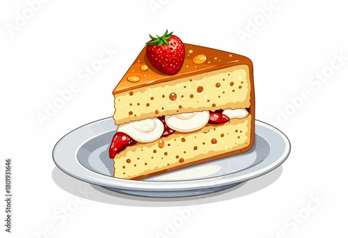 A delicious slice of vanilla sponge cake topped with a fresh strawberry, layered with whipped cream and strawberry filling, resting on a simple white plate