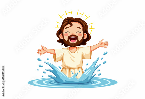Joyful Cartoon Figure with Open Arms Splashing Water, Representing Happiness and Spiritual Celebration in a Playful Artistic Scene