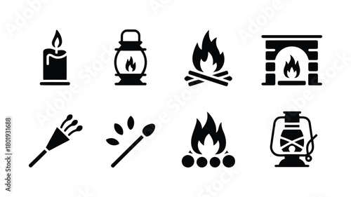 Fire Elements and Light Source Symbols. Candle, Campfire, Fireplace, Matchstick Glyph Collection.