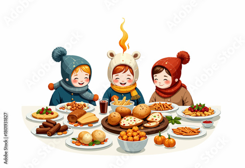 Three cheerful children in winter hats enjoy a festive meal with an abundance of diverse food items spread across a large table, capturing warmth and togetherness