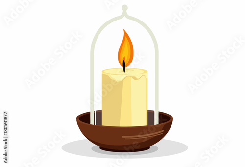 Elegant Candle in a Glass Dome with Gentle Flame Set in a Simple Brown Holder Against a Clean White Background for a Tranquil Ambiance