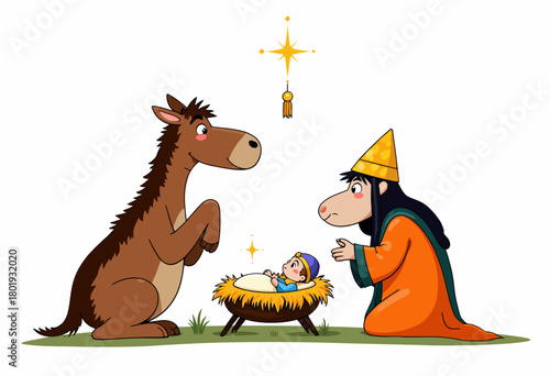 Cartoon illustration depicting a nativity scene with a baby lying in a manger, surrounded by a donkey and a woman wearing a hat, under a shining star