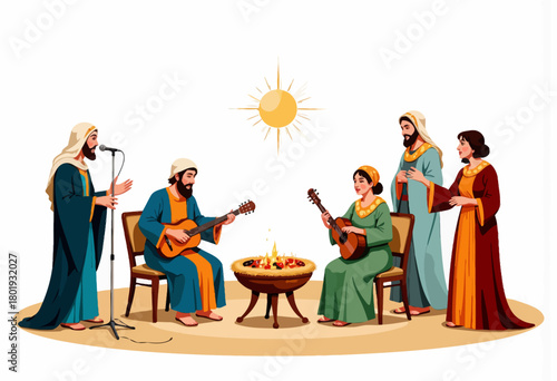 Ensemble of Vibrant Figures in Traditional Garments Singing and Playing Guitars Around a Cozy Campfire Under a Radiant Sun