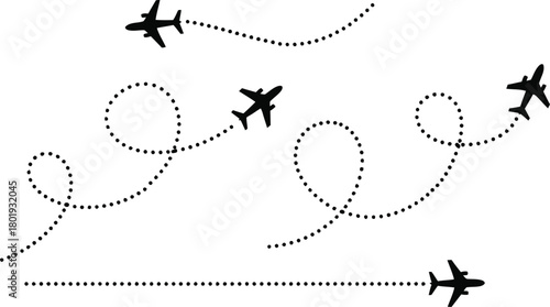 Set of airplane icons with dotted flight paths on white background