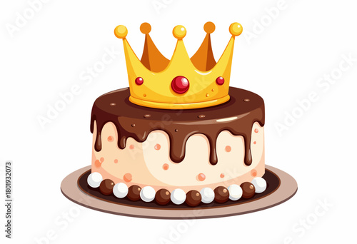Whimsical Chocolate Cake Topped with Regal Golden Crown and Decorative Pearls on Elegant Platter