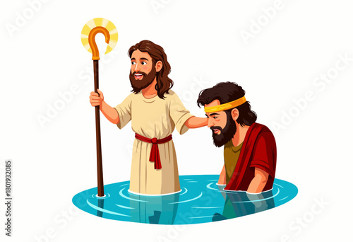 Illustration of a Biblical Baptism Scene with Two Men in a River, One Holding a Staff and Guiding the Other into the Water Symbolizing a Religious Rite