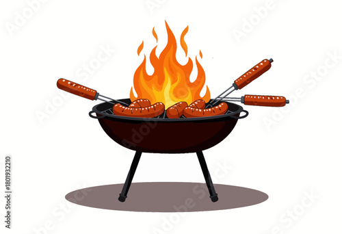 Vector Illustration of Sausages Grilling Over an Open Flame on a Charcoal Barbecue with Skewers Under a Bright Orange Fire