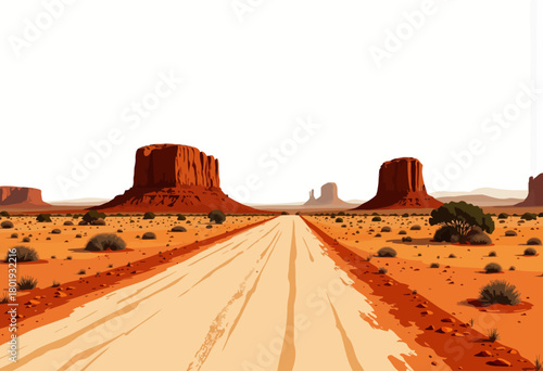 Expansive Desert Landscape Featuring Monumental Red Rock Formations Under a Clear Sky with a Long Sandy Road Leading Into the Distance