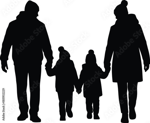 Family Silhouette Walking: Parents & Kids Holding Hands, Togetherness & Parenthood Concept
