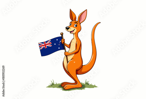 Cheerful kangaroo cartoon character joyously holding the Australian flag, celebrating national pride and wildlife in a grassland habitat