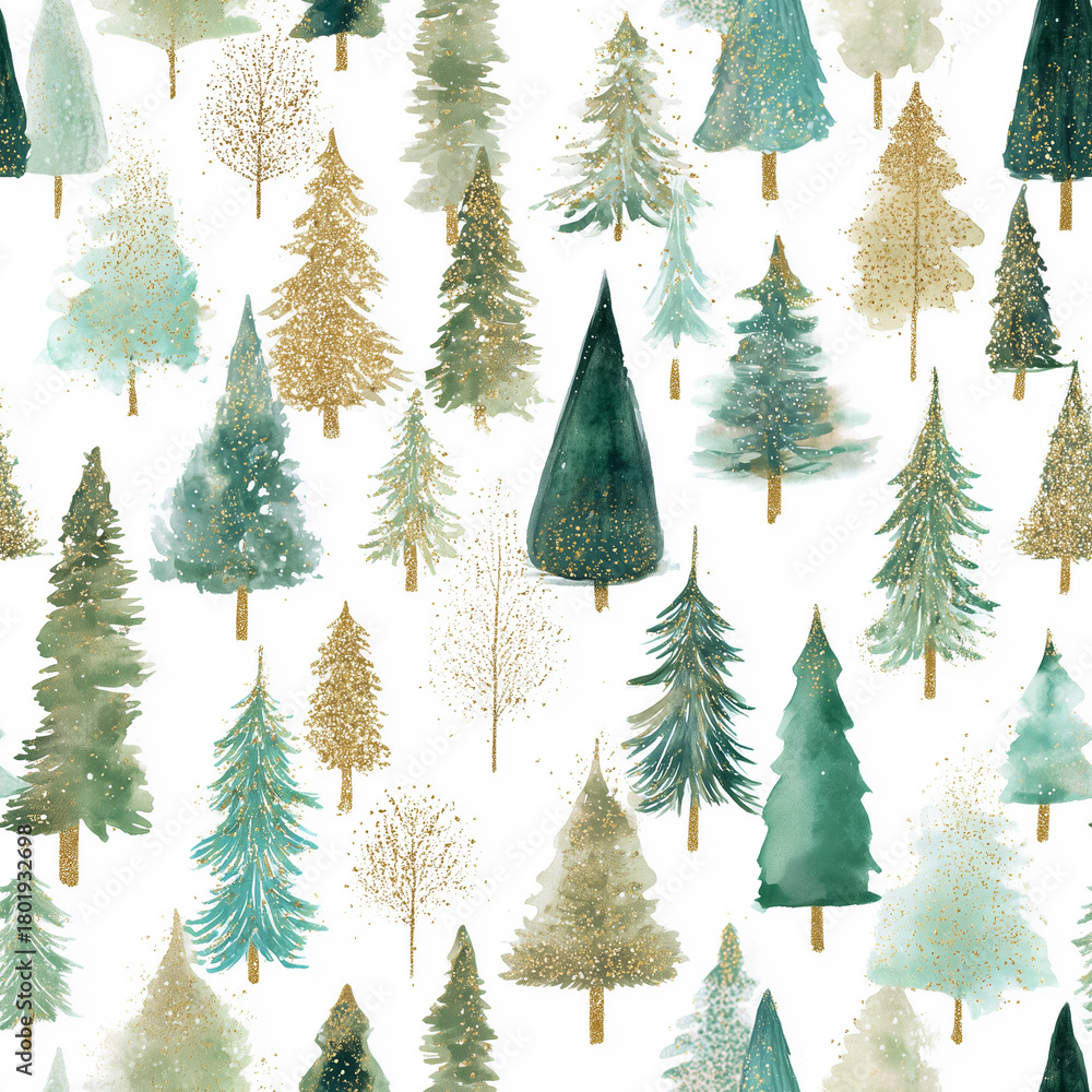 Obraz premium Seamless watercolor Christmas pattern with hand-painted trees on a white background, perfect for holiday wrapping paper, fabric design, stationery, and festive branding.